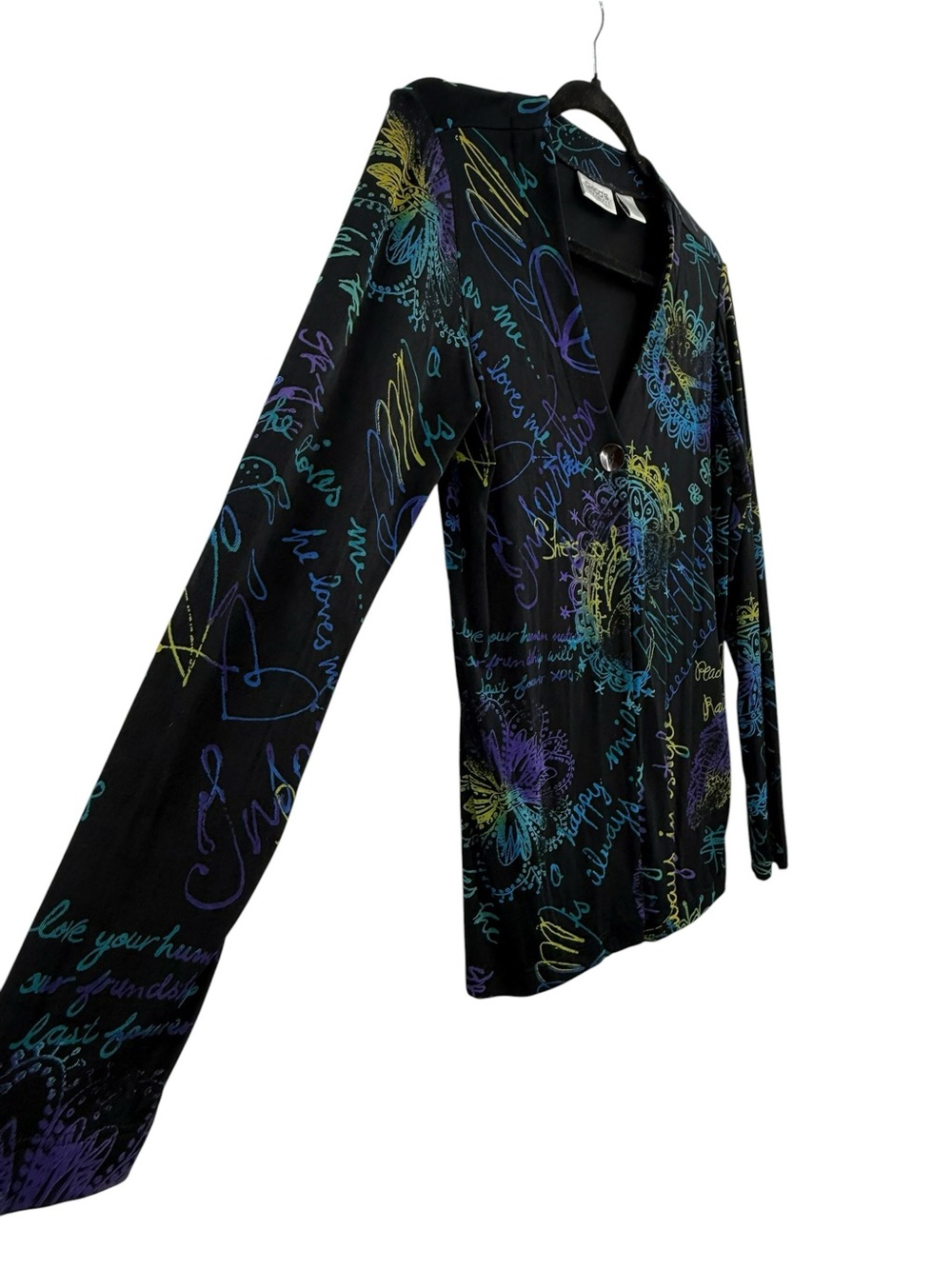 Chico's Travelers Black Peace Love Happiness Cardigan Jacket Top Wearable Art - Picture 2 of 10
